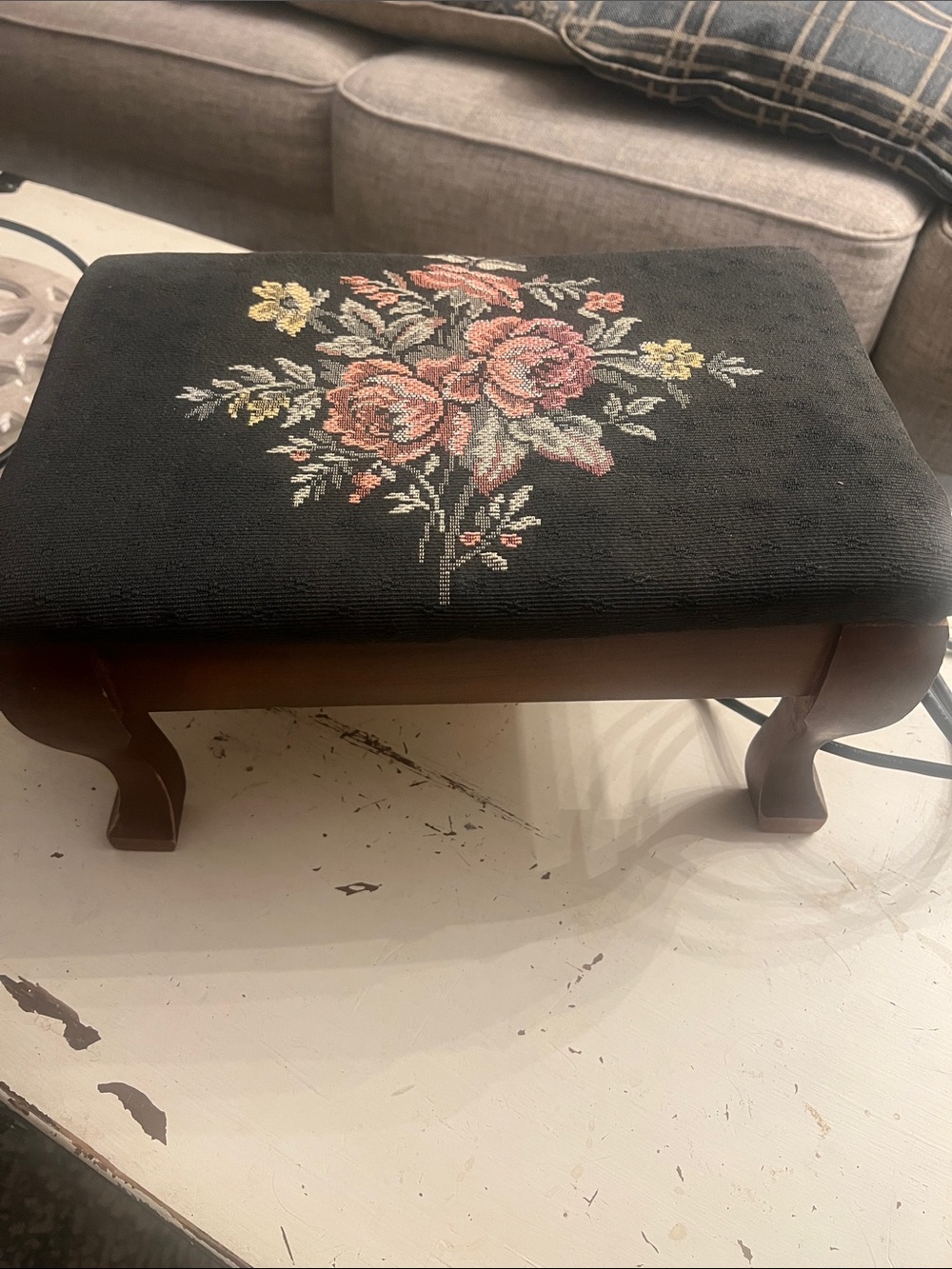 Vintage HEATED Wooden Tapestry Needlepoint Footstool - Dark Green and Rose.